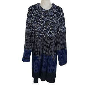 Laura Ashley Womens Cardigan Sweater Large Color Block Blue Black Chevron Pocket